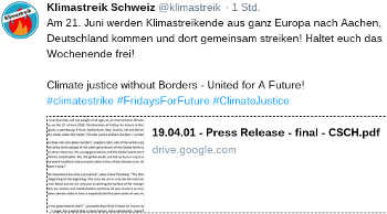 Klimastreik Schweiz  @klimastreik
Am 21. Juni werden Klimastreikende aus ganz Europa nach Aachen, Deutschland kommen und dort gemeinsam streiken! Haltet euch das Wochenende frei!
Climate justice without Borders - United for A Future!
#climatestrike #FridaysForFuture #ClimateJustice