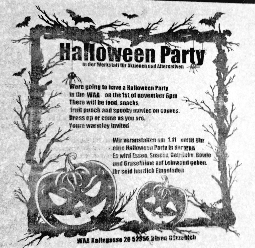 Halloween-Party am 1.11. 18 uhr in der WAA